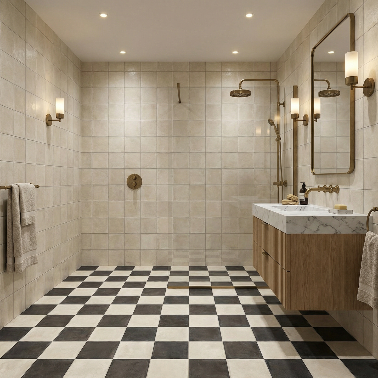 Modern bathroom with tiled walls, checkered floor, and wooden vanity.