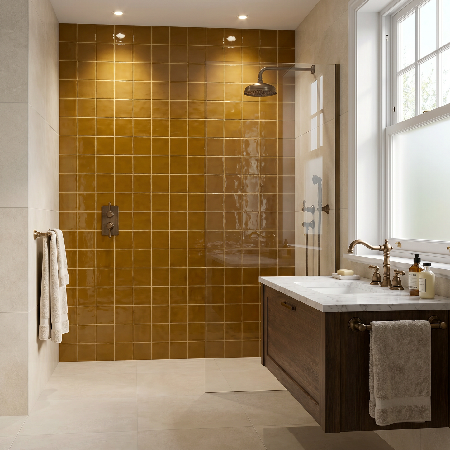 Modern bathroom with gold tiled shower wall and wooden vanity.