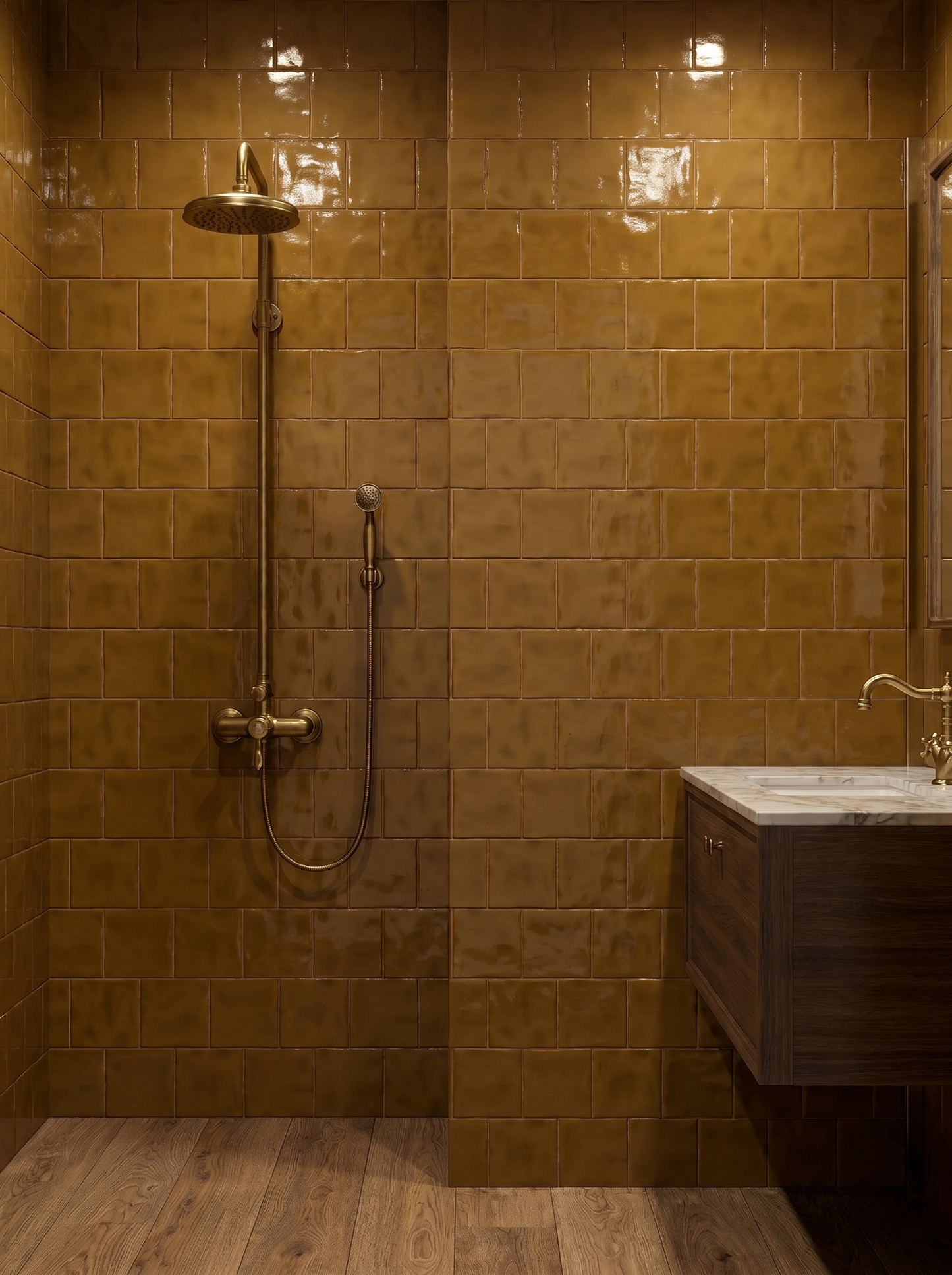 Yellow handmade wall tiles and wood effect floor tiles in a bathroom