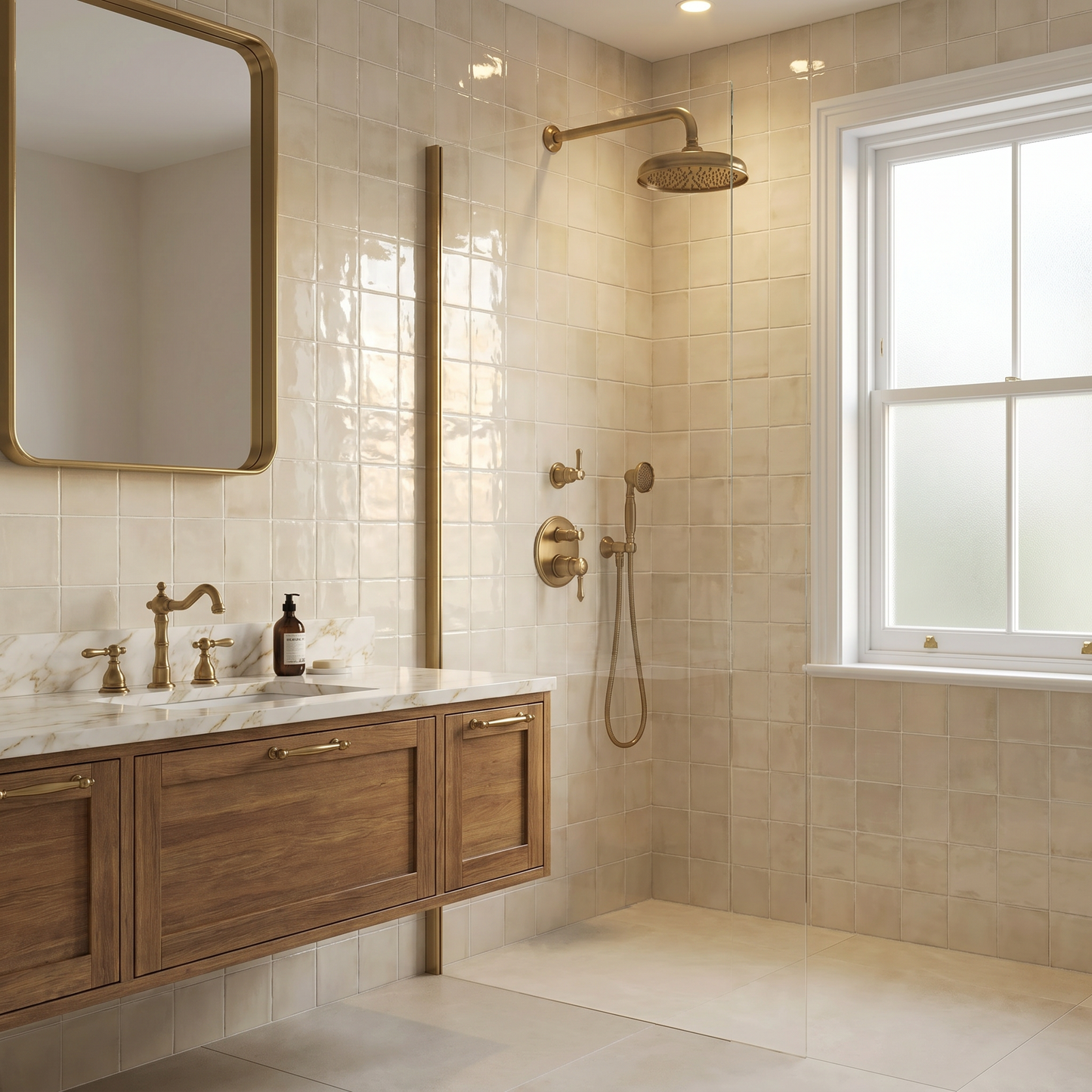 Bathroom with wooden vanity, marble countertop, and shower area.