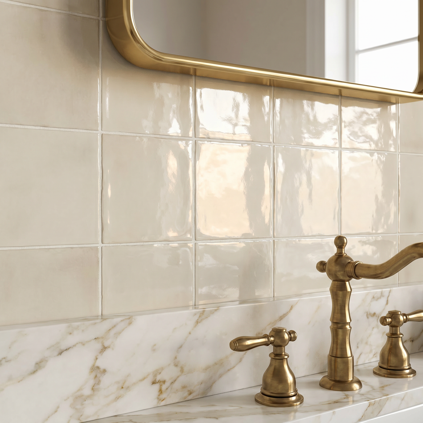 Bathroom vanity with gold fixtures and a mirror reflecting trees outside.