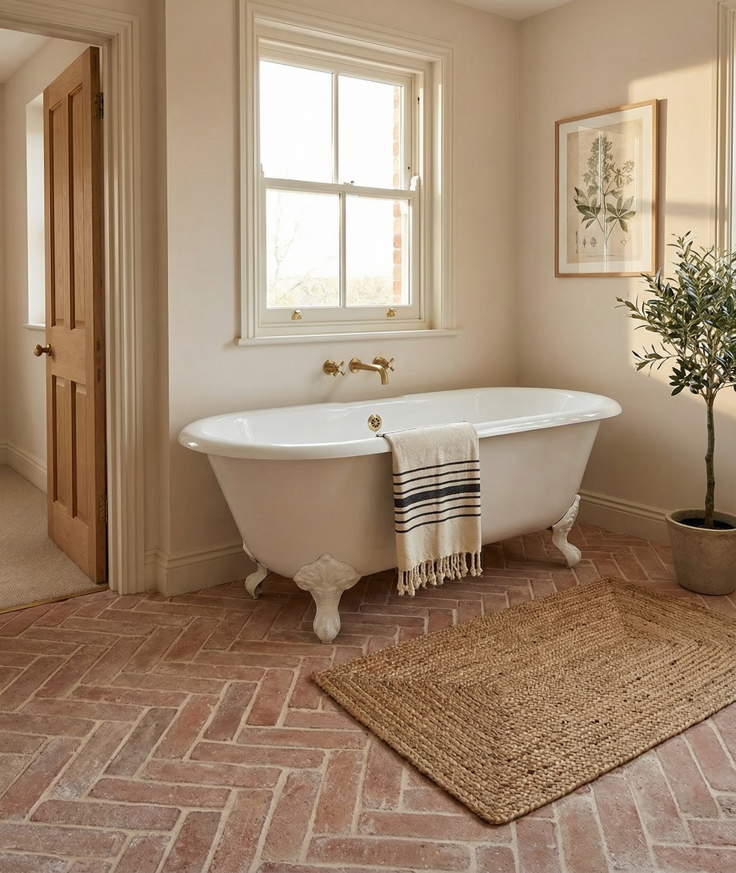 Bathroom with a freestanding bathtub, towel, and plant on a terracotta parquet herringbone floor.