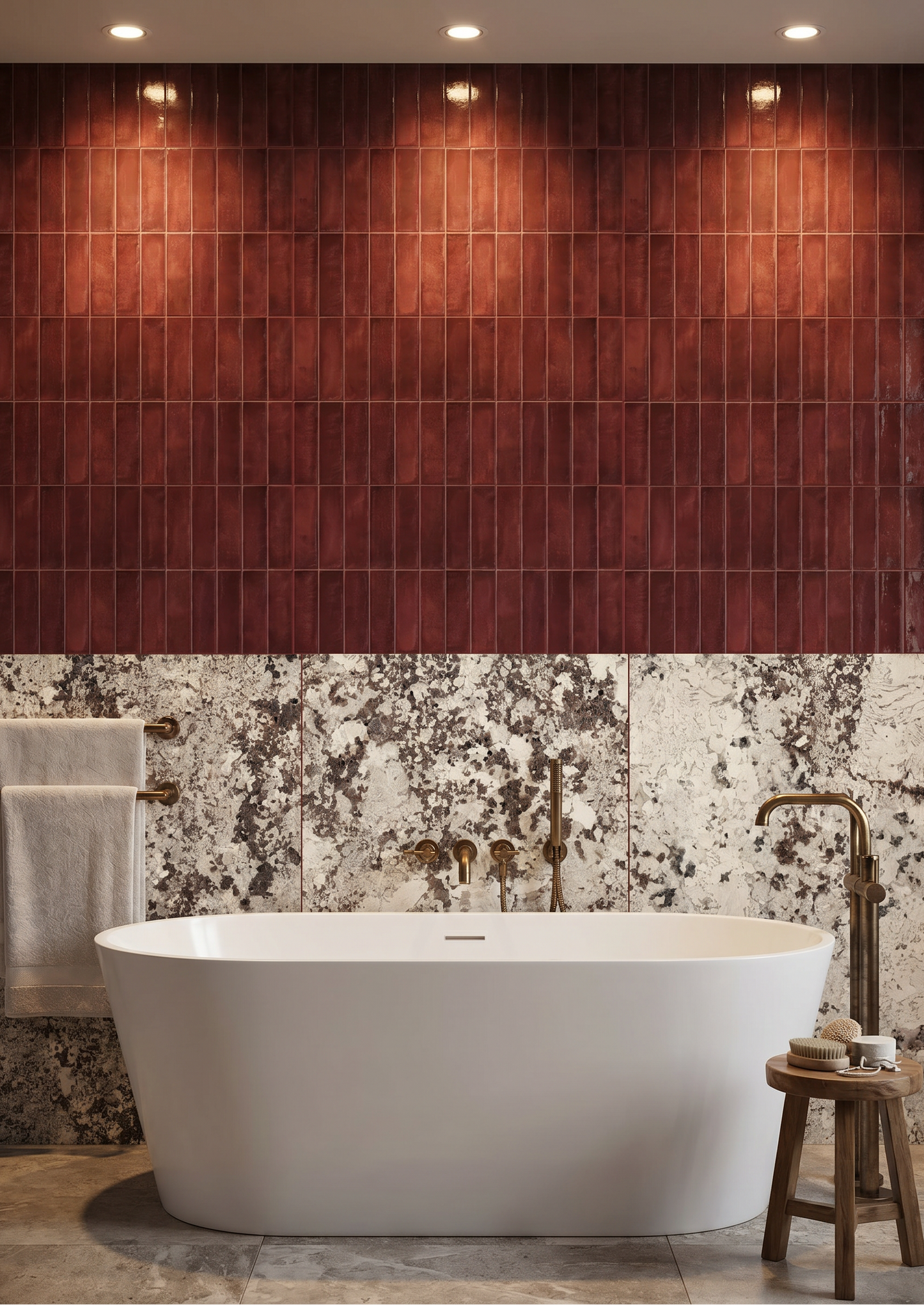 Modern bathroom with a freestanding bathtub, wooden stool, and marble wall.