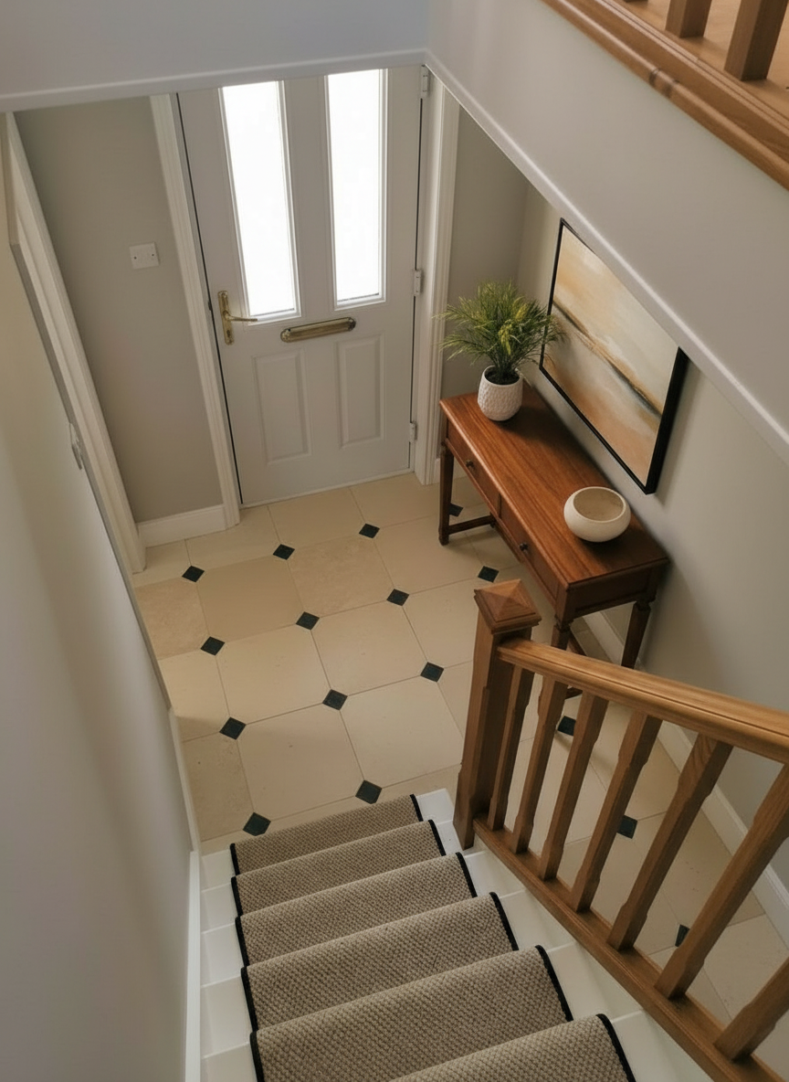 Limestone Octagon and Dot Hallway Floor Tile Console Table