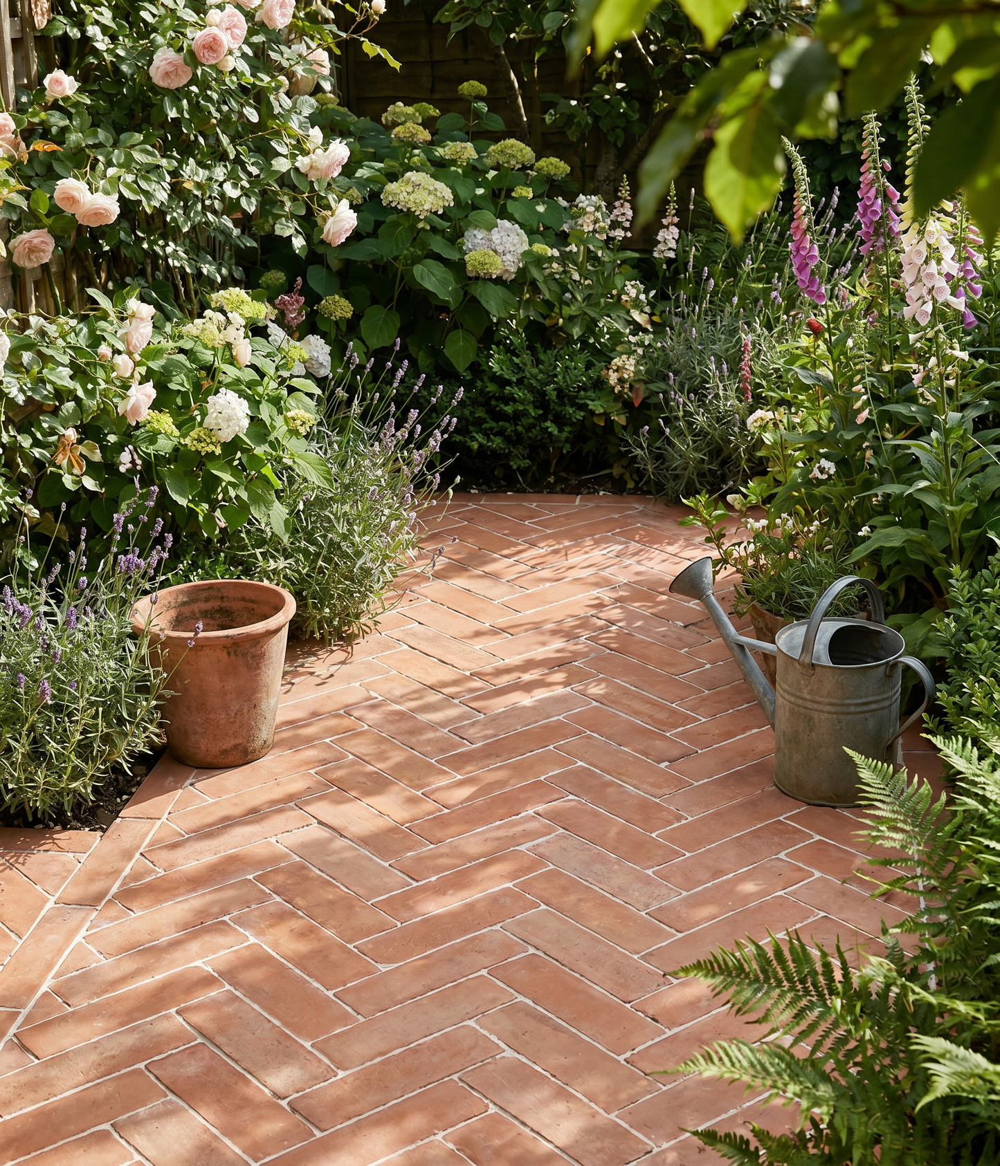 Brick pathway in a garden with flowers and plants