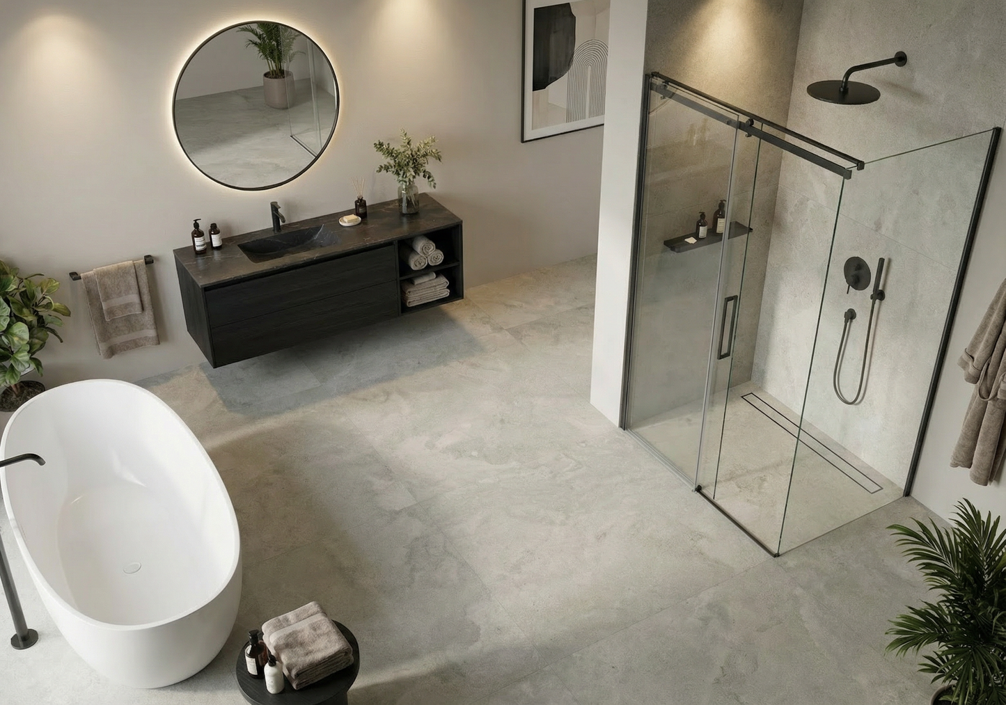 Modern bathroom with a freestanding bathtub, shower enclosure, and vanity unit.