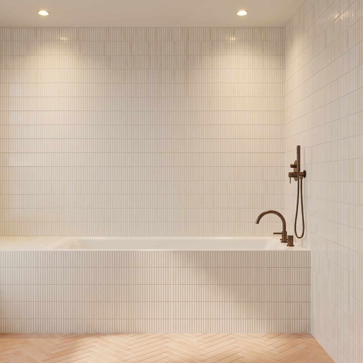 Bathroom with tiled walls, a bathtub, and brass fixtures.