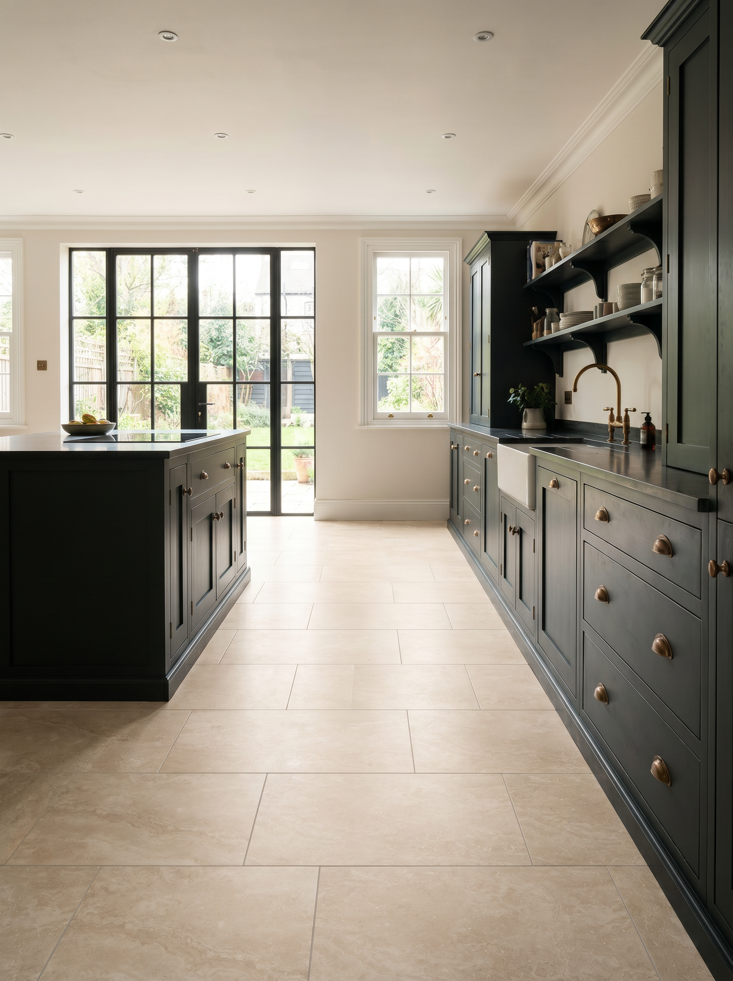Modern kitchen with dark wood cabinets and a large window.
