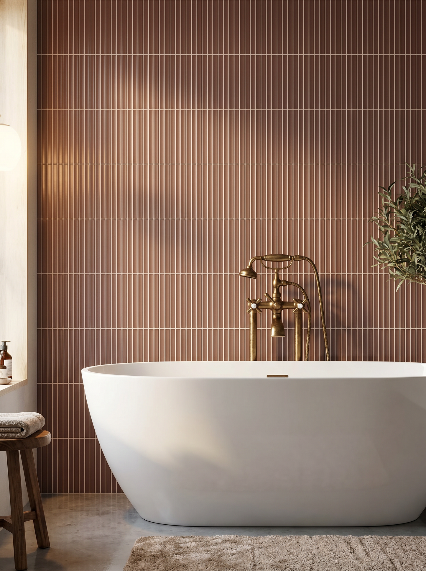 Modern bathroom with a freestanding bathtub against a brown tiled wall.
