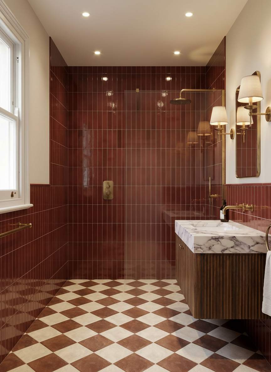 Red Shower Wetroom Shower with Chequerboard floor