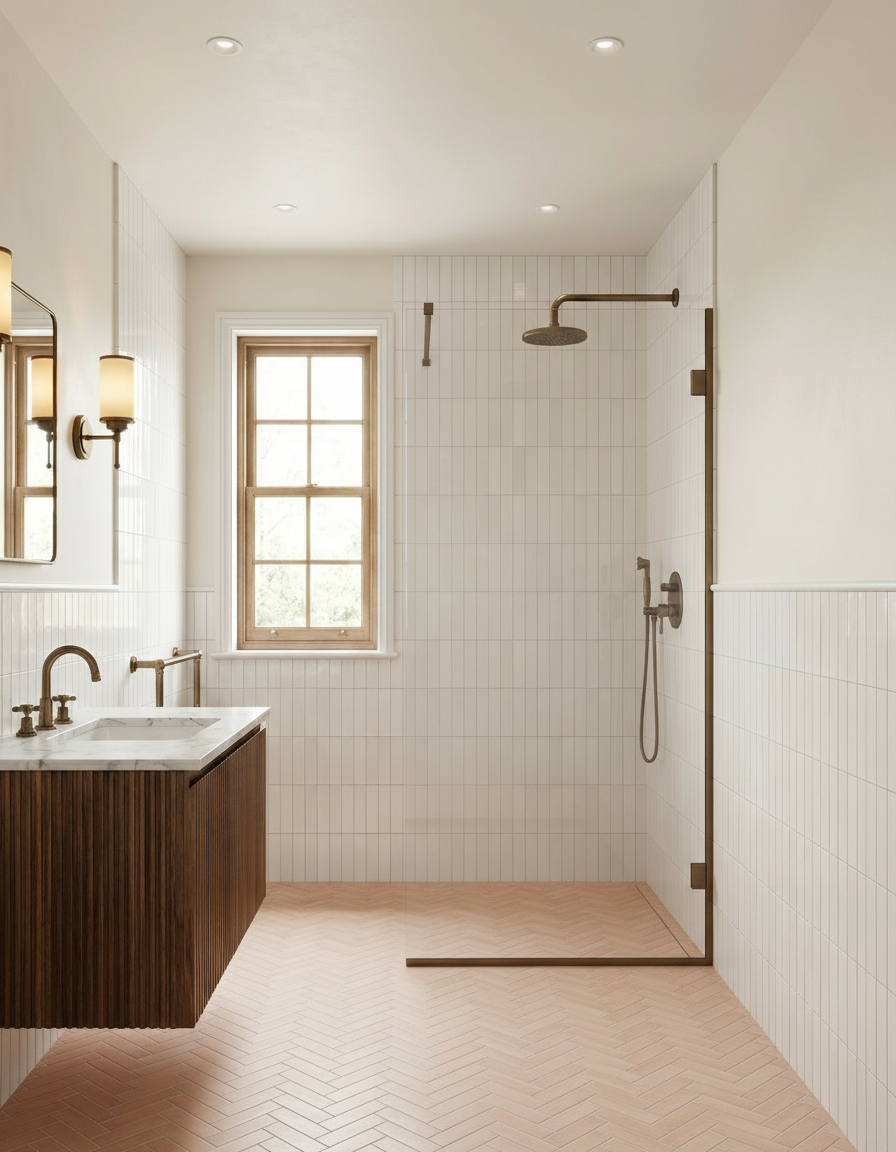 Modern bathroom with tiled walls, a shower, and a sink.