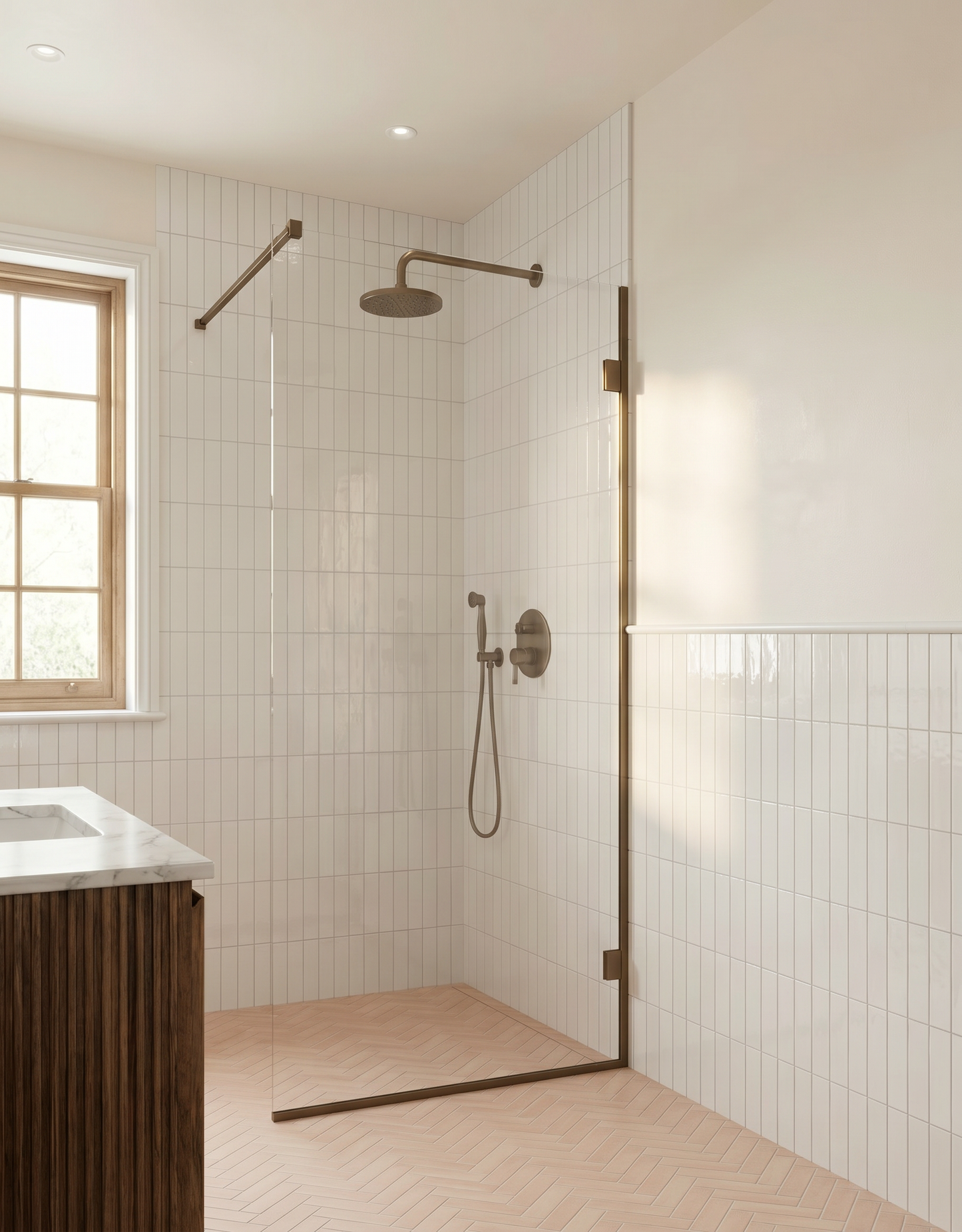 Modern bathroom with a shower area featuring white tiled walls and wooden floor.