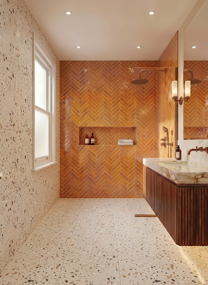 Modern bathroom with wooden chevron pattern on the wall, sink, and window.