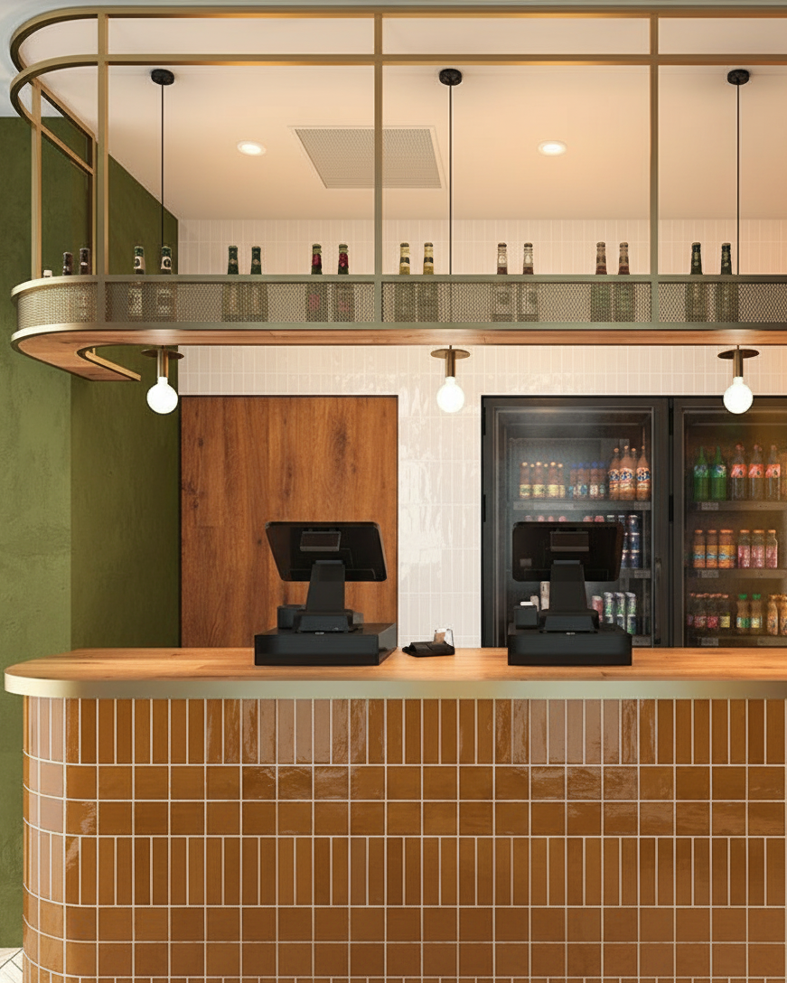 Modern bar interior with tiled bar counter and refrigerator stocked with drinks.