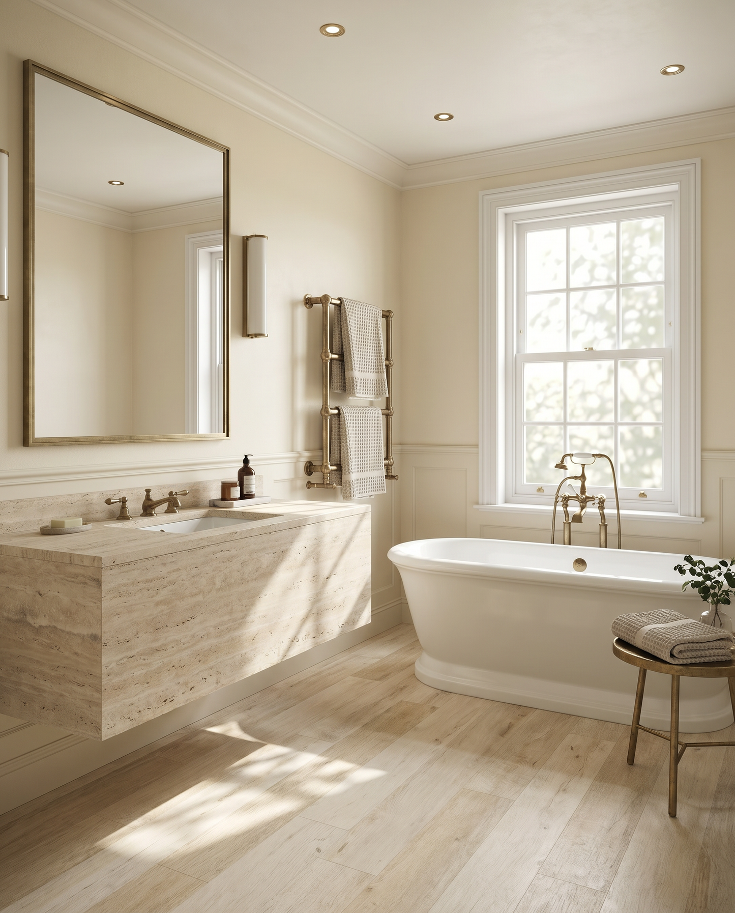 Modern bathroom with a freestanding bathtub, sink vanity, and large mirror.