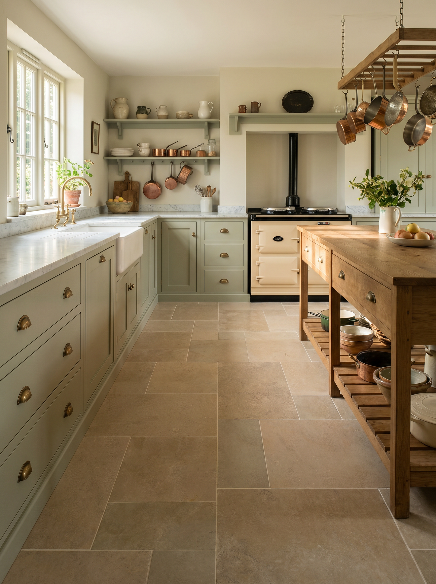 Modern kitchen with light-colored cabinets, tiled floor, and wooden island.