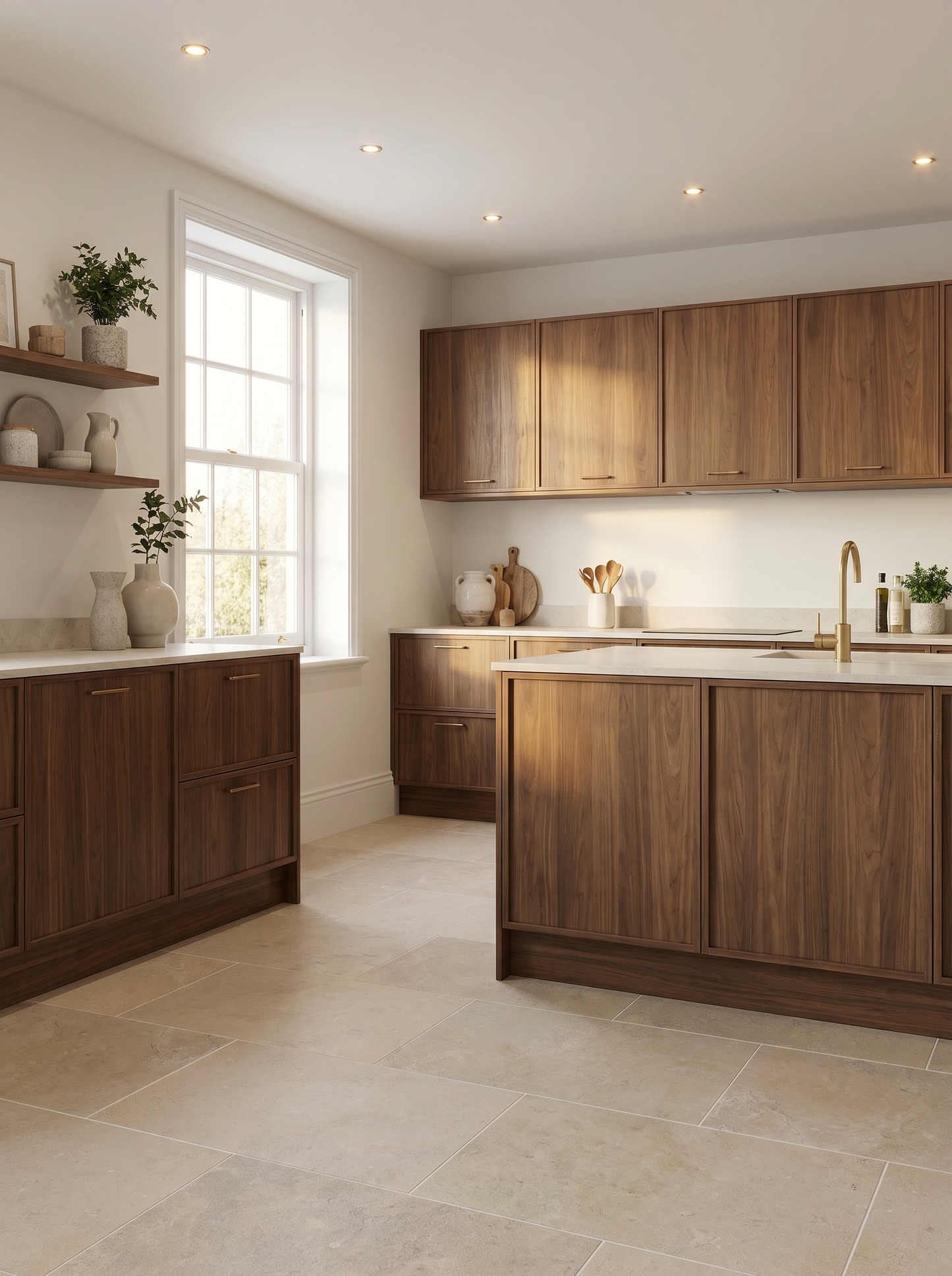 Modern kitchen with wooden cabinets and white countertops