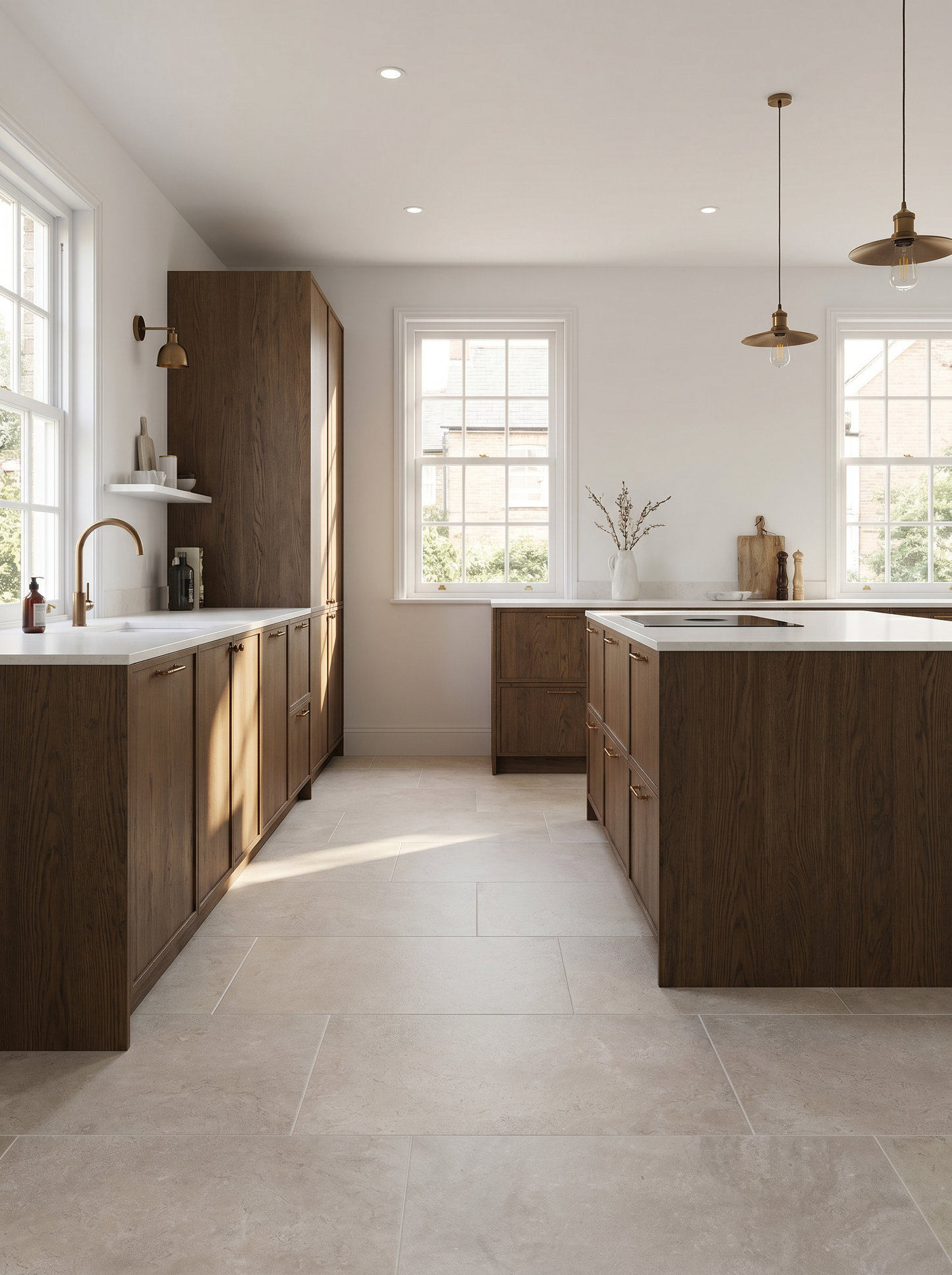 Modern kitchen with wooden cabinets and white countertops