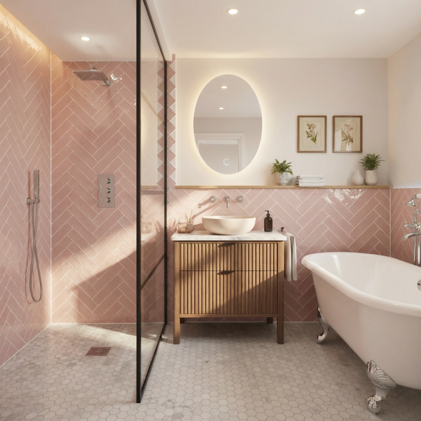 Pink Herringbone Tile with Carrara Marble Hexagon Mosaic