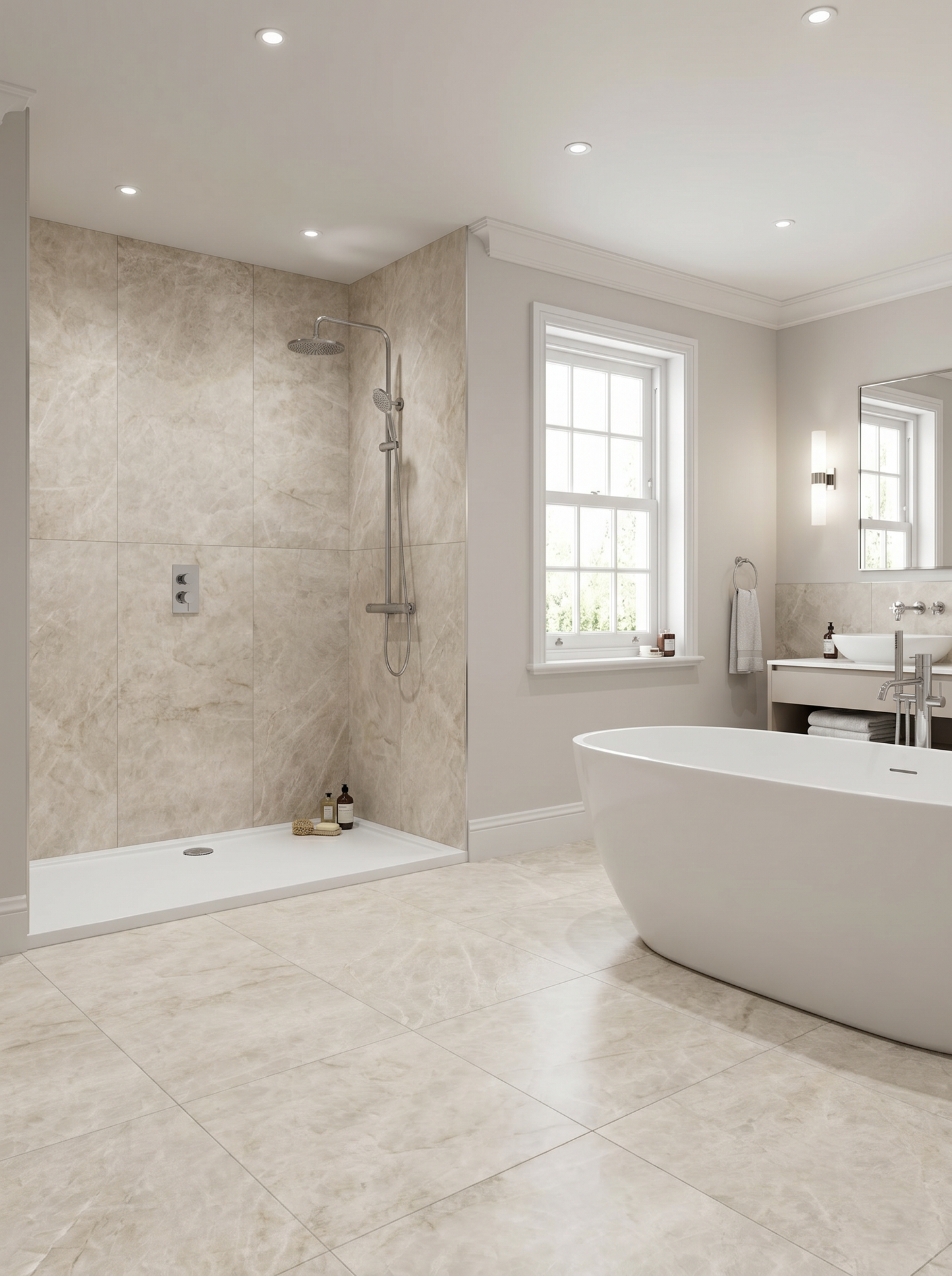 Modern bathroom with shower, bathtub, and window