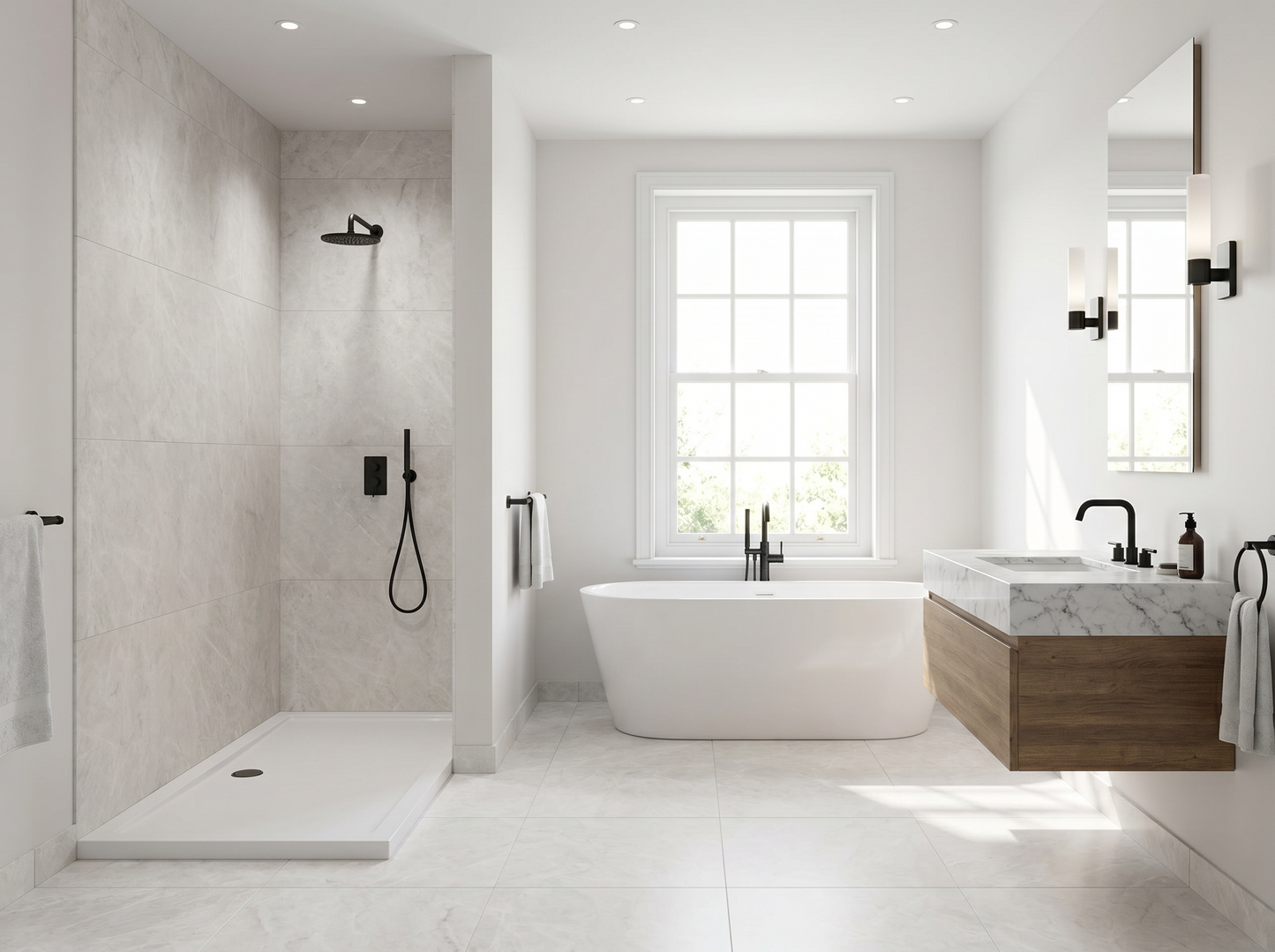 Modern bathroom with freestanding bathtub, shower, and vanity area.